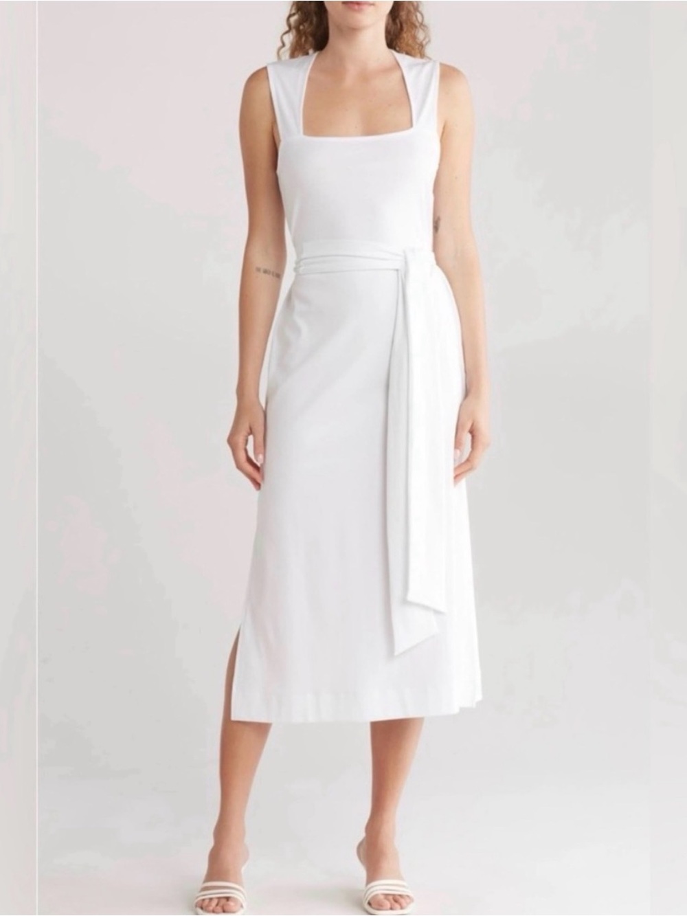 Nwt Vince Optic White Pima Cotton Square Neck Wrap Midi Dress Size Small Summer